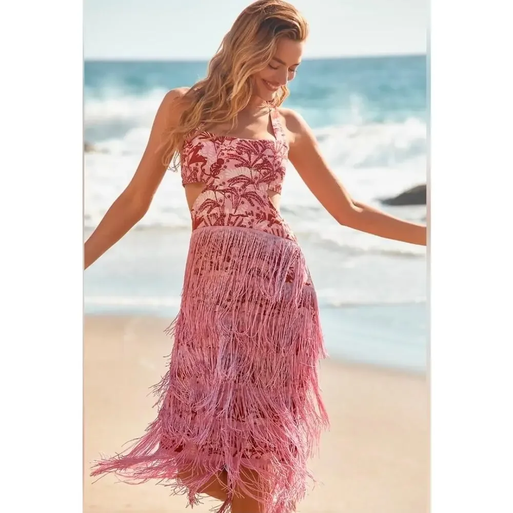 🤍 Anthropologie Linen Fringe Column Textured Statement Midi Dress L🤍 - Picture 3 of 3